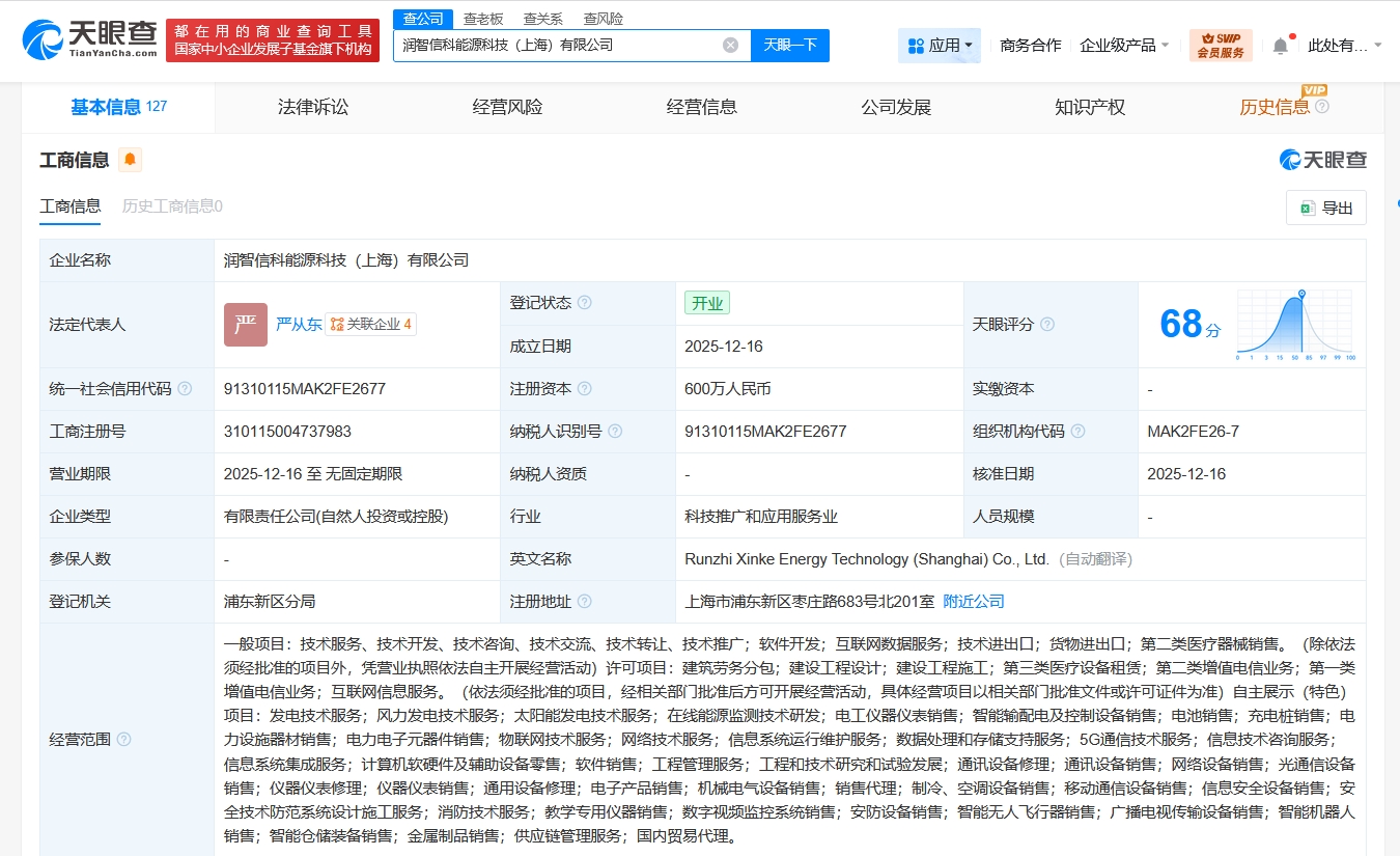 潤健股份上海布局新賽道，能源科技公司正式成立進軍基礎電信業務